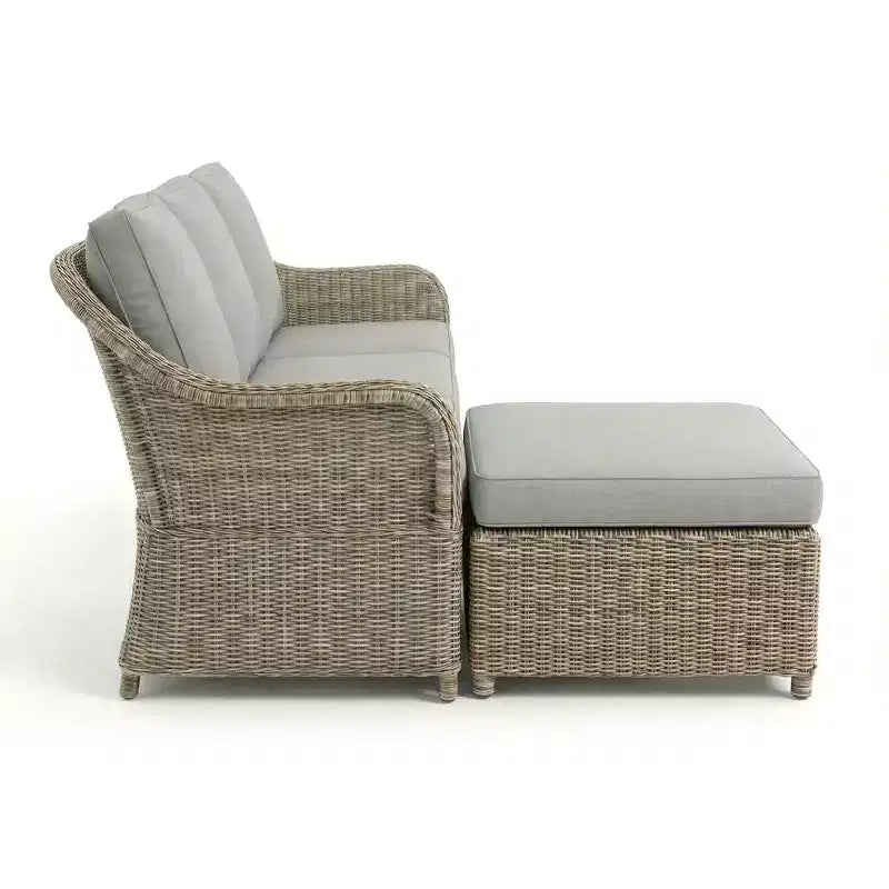 Martha Stewart Lily Pond Indoor-Outdoor Modular 3-Seat Patio Sofa with Ottoman in Weathered Gray Rattan Wicker with Gray All-Weather Cushions