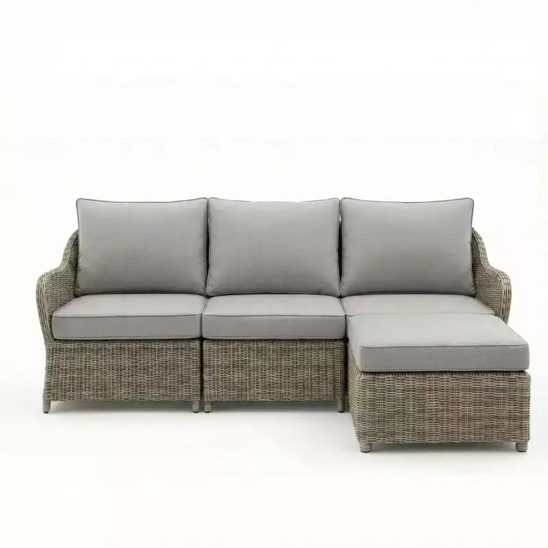 Martha Stewart Lily Pond Indoor-Outdoor Modular 3-Seat Patio Sofa with Ottoman in Weathered Gray Rattan Wicker with Gray All-Weather Cushions