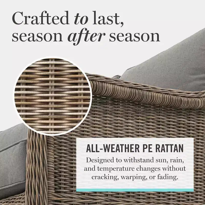 Martha Stewart Lily Pond Indoor-Outdoor Modular 3-Seat Patio Sofa with Ottoman in Weathered Gray Rattan Wicker with Gray All-Weather Cushions