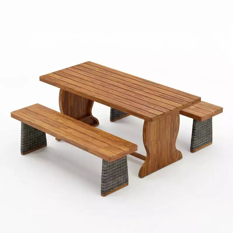 Christopher Knight Home Clara Rustic 3 Piece Acacia Patio Dining Set with Rattan Weave Benches