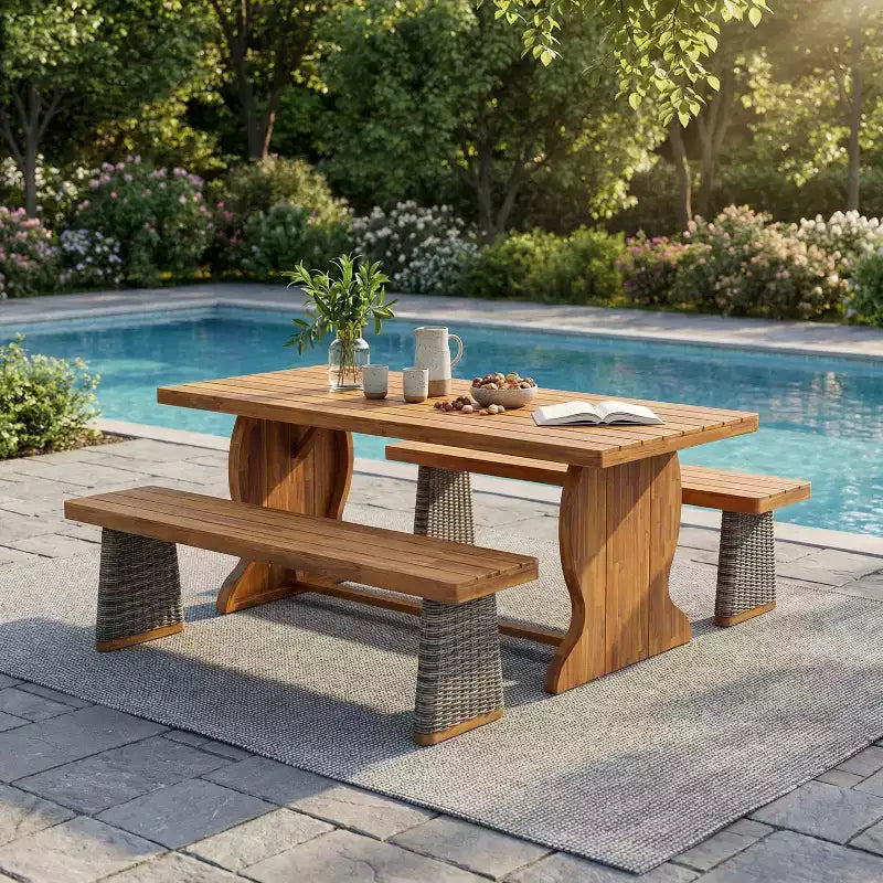 Christopher Knight Home Clara Rustikales 3-teiliges Akazienholz-Terrassen-Essset mit Rattan-Sitzbänken
