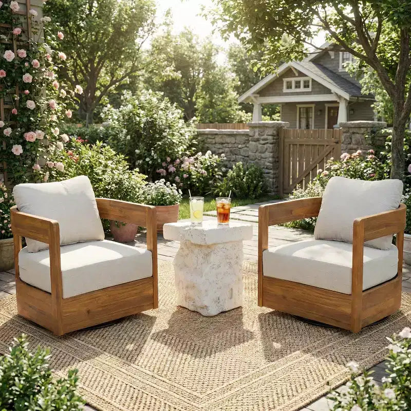 Christopher Knight Home Telluride 3 Piece Modern Patio Acacia Wood 360 Swivel Club Chairs with Lightweight Concrete Side Table