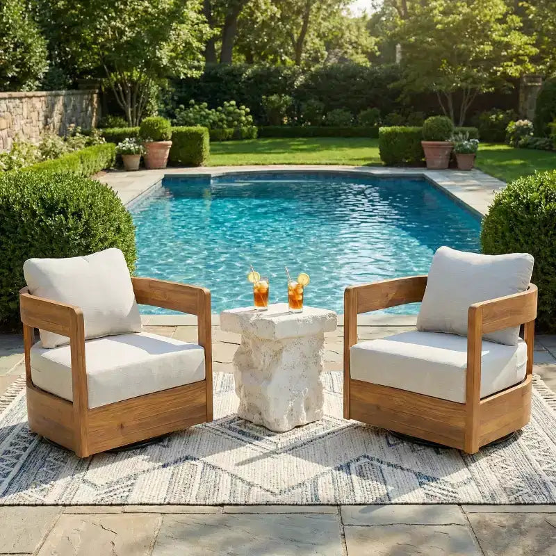 Christopher Knight Home Telluride 3-teiliges modernes Patio-Set, drehbare Club-Sessel aus Akazienholz mit Beistelltisch aus Leichtbeton