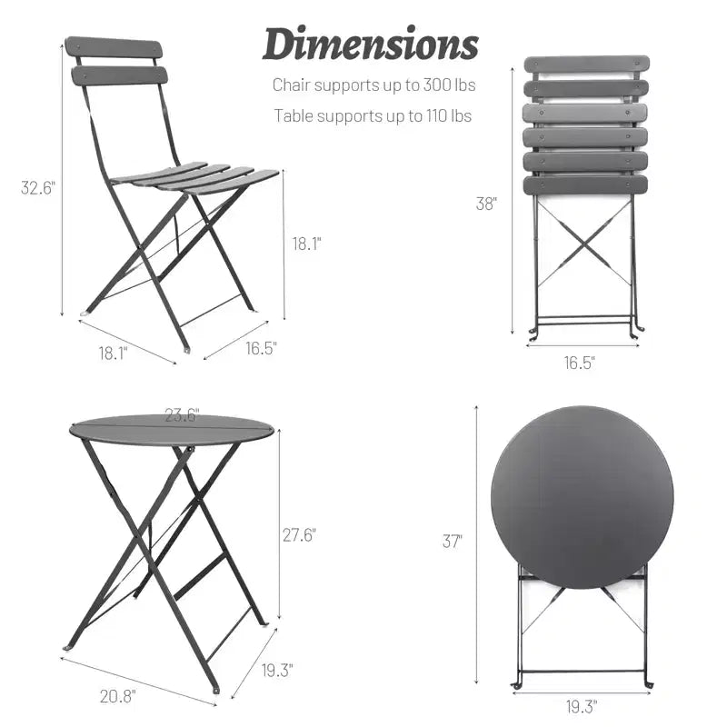 3 Pieces Patio Bistro Balcony Metail Chair Table Set