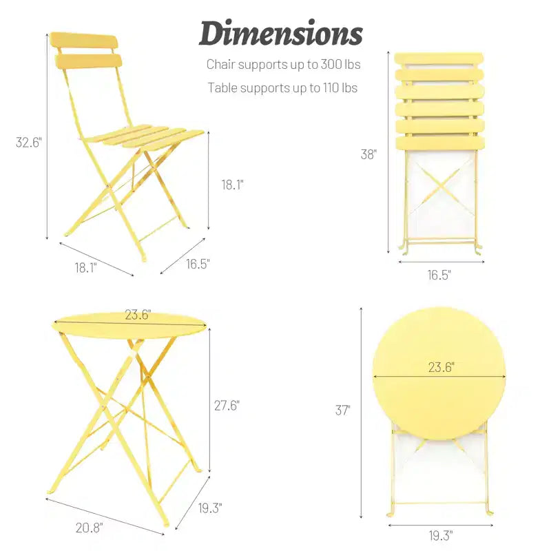 3 Pieces Patio Bistro Balcony Metail Chair Table Set
