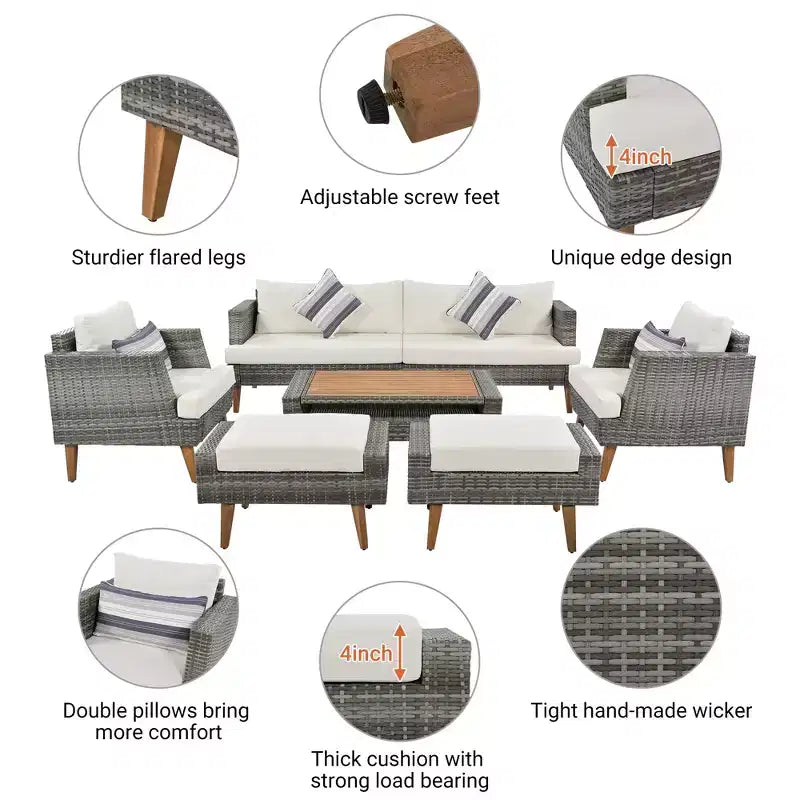 GDFStudio Arthur Patio Modern PE Wicker 6-Piece Conversation Set with Table and Cushions