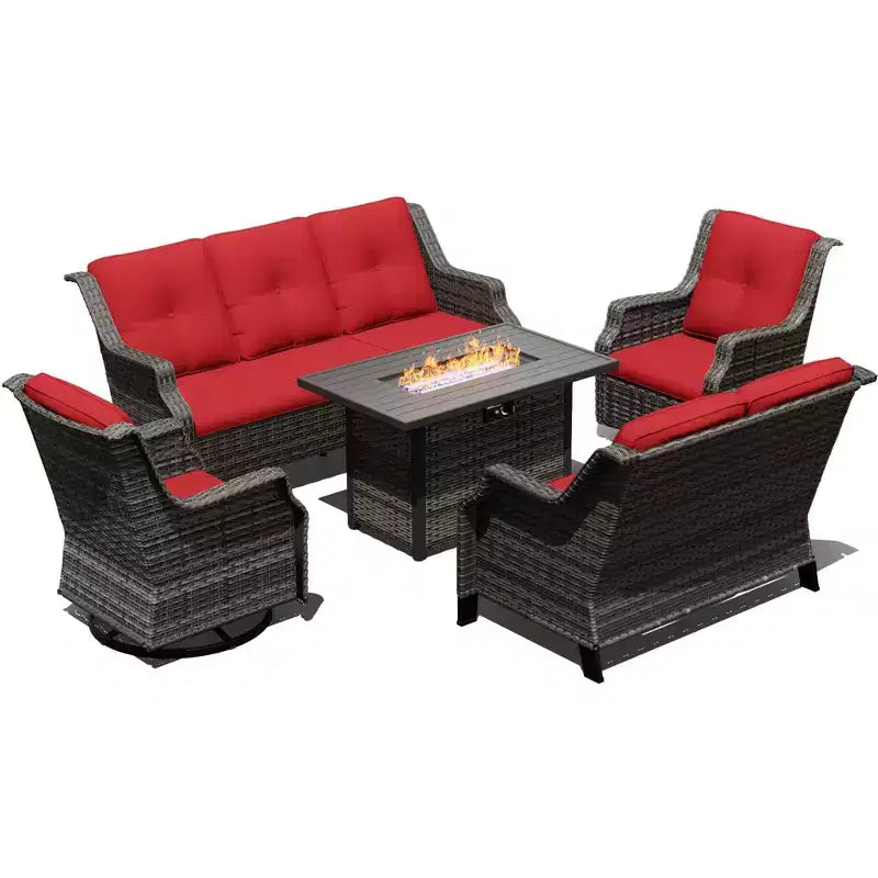 UPTIOT Outdoor Modular Set with 3-Seater Sofa, Loveseat, Rockers & Convertible Fire Table