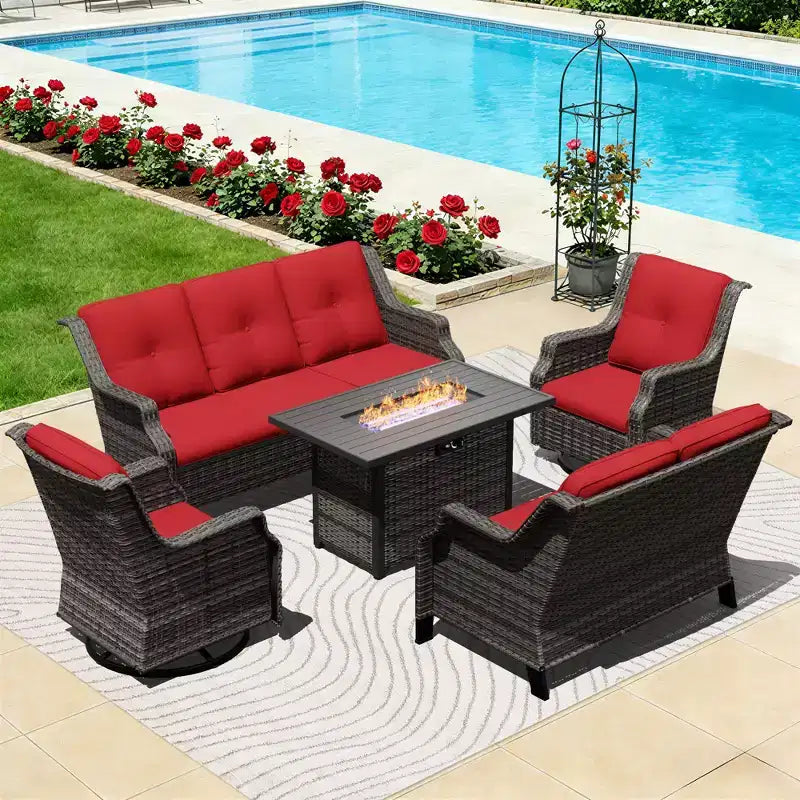 UPTIOT Outdoor Modular Set with 3-Seater Sofa, Loveseat, Rockers & Convertible Fire Table