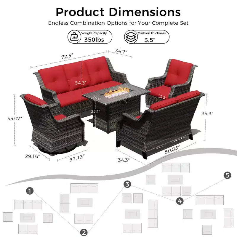 UPTIOT Outdoor Modular Set with 3-Seater Sofa, Loveseat, Rockers & Convertible Fire Table
