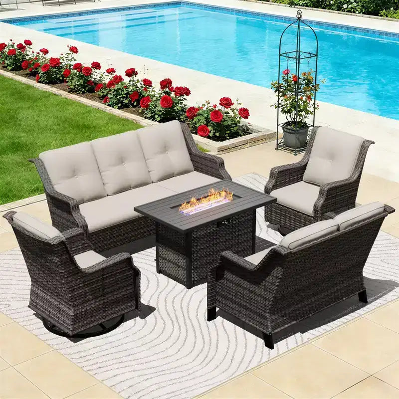UPTIOT Outdoor Modular Set with 3-Seater Sofa, Loveseat, Rockers & Convertible Fire Table