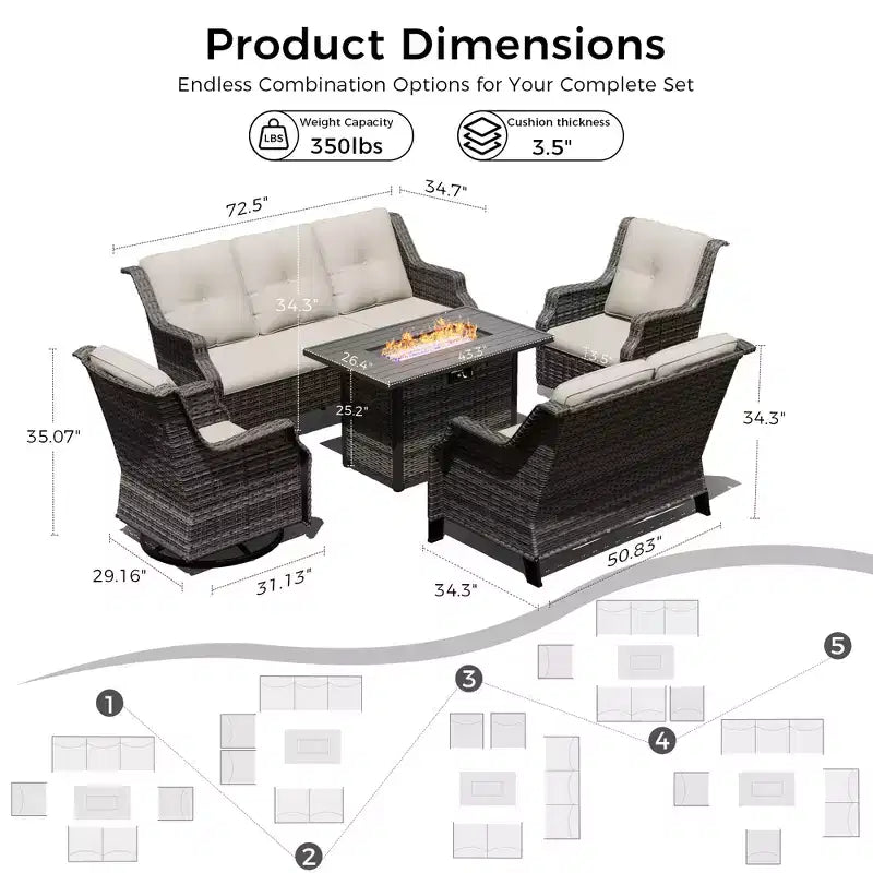 UPTIOT Outdoor Modular Set with 3-Seater Sofa, Loveseat, Rockers & Convertible Fire Table