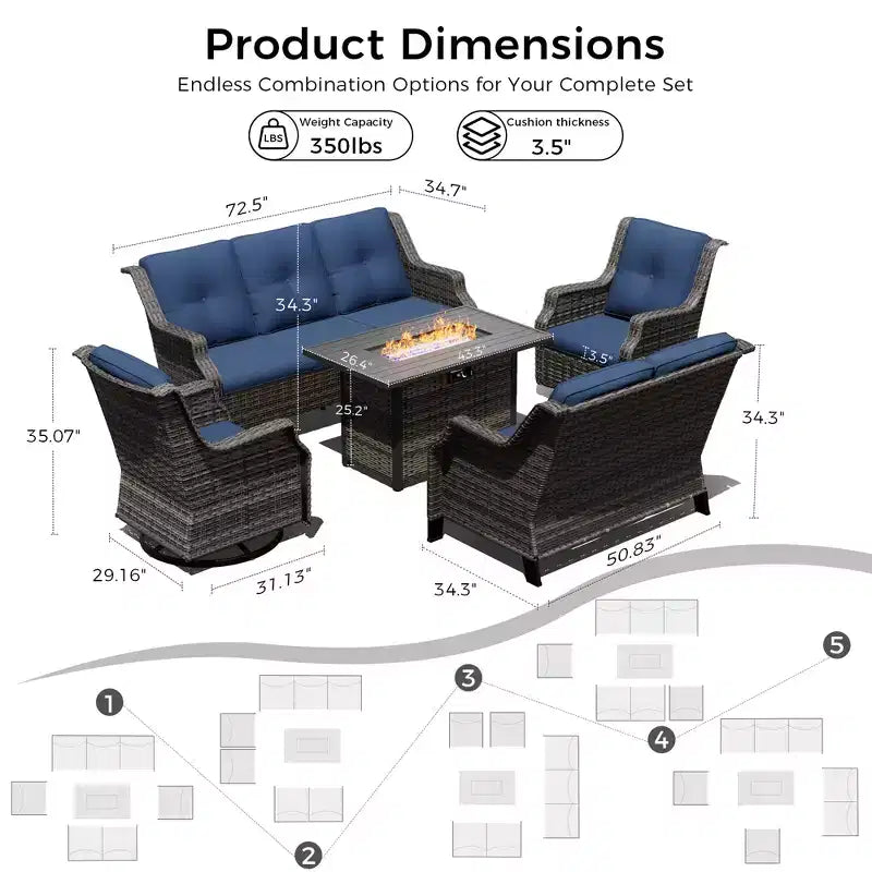 UPTIOT Outdoor Modular Set with 3-Seater Sofa, Loveseat, Rockers & Convertible Fire Table