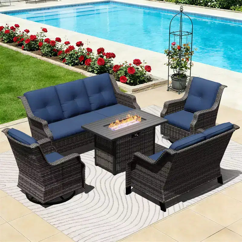UPTIOT Outdoor Modular Set with 3-Seater Sofa, Loveseat, Rockers & Convertible Fire Table