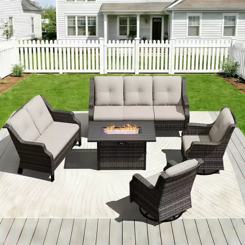 UPTIOT Outdoor Modular Set with 3-Seater Sofa, Loveseat, Rockers & Convertible Fire Table