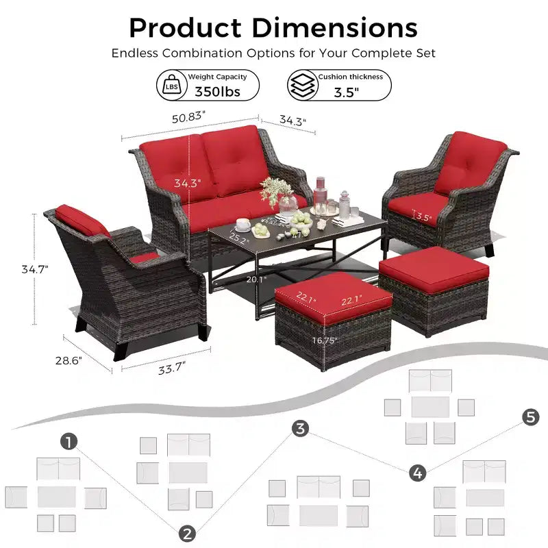 UPTIOT Outdoor Modular Set: 2-Seater Sofa, 2 Rockers, 2 Ottomans & Coffee Table for Versatile Patio