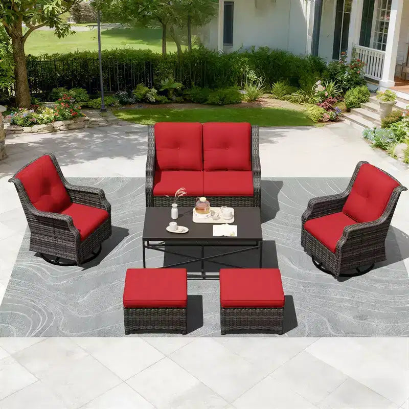 UPTIOT Outdoor Modular Set: 2-Seater Sofa, 2 Rockers, 2 Ottomans & Coffee Table for Versatile Patio
