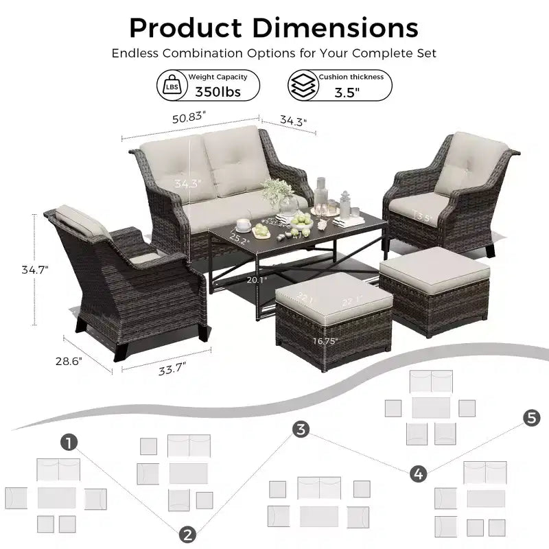 UPTIOT Outdoor Modular Set: 2-Seater Sofa, 2 Rockers, 2 Ottomans & Coffee Table for Versatile Patio