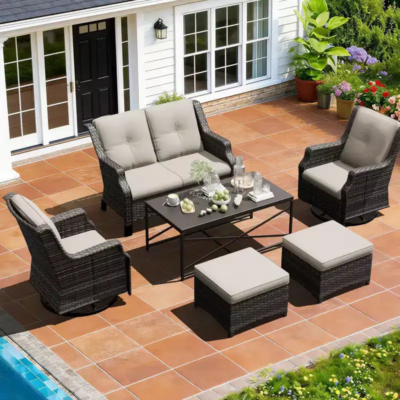 UPTIOT Outdoor Modular Set: 2-Seater Sofa, 2 Rockers, 2 Ottomans & Coffee Table for Versatile Patio