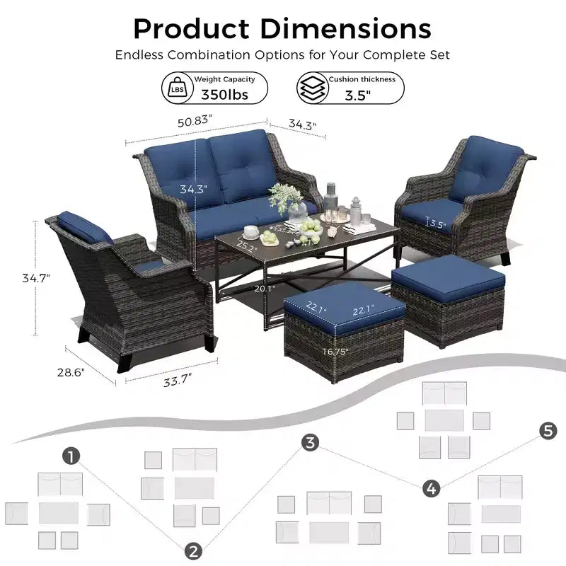 UPTIOT Outdoor Modular Set: 2-Seater Sofa, 2 Rockers, 2 Ottomans & Coffee Table for Versatile Patio