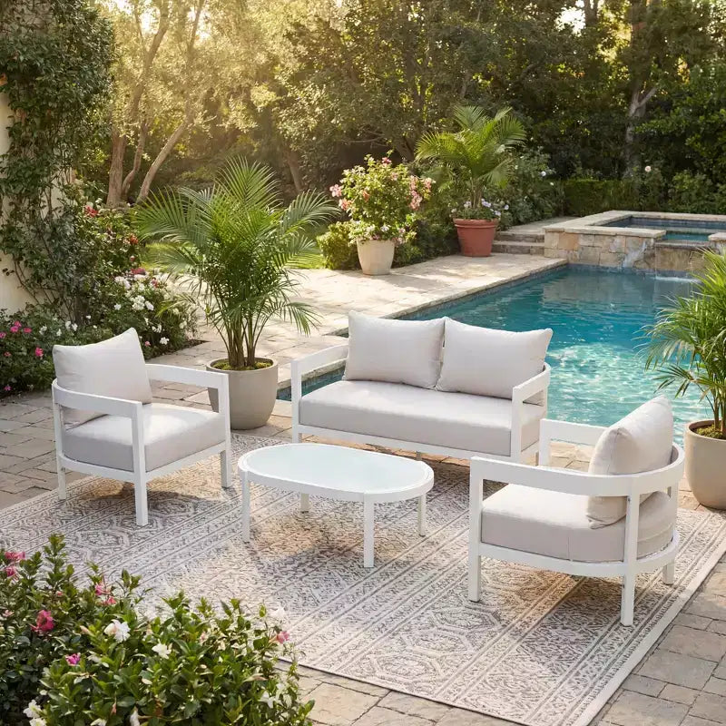 Christopher Knight Home Adriel 4 Piece Modern Outdoor Aluminum Conversation Set with Glass Coffee Table