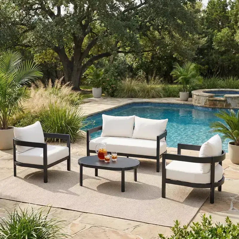 Christopher Knight Home Adriel 4 Piece Modern Outdoor Aluminum Conversation Set with Glass Coffee Table