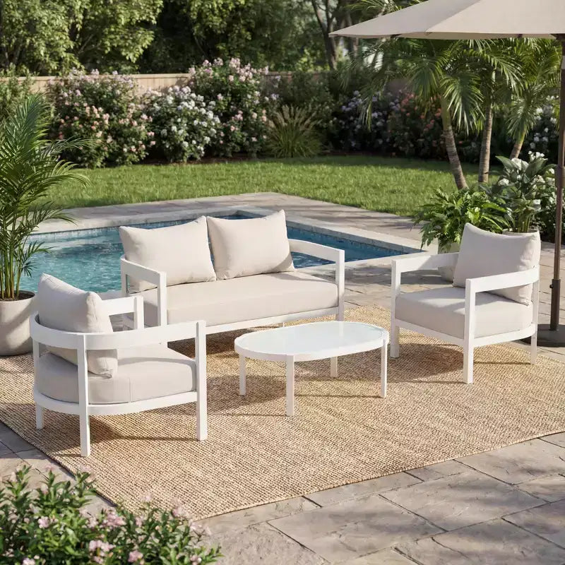 Christopher Knight Home Adriel 4-teiliges modernes Outdoor-Aluminium-Sitzgruppen-Set mit Couchtisch aus Glas