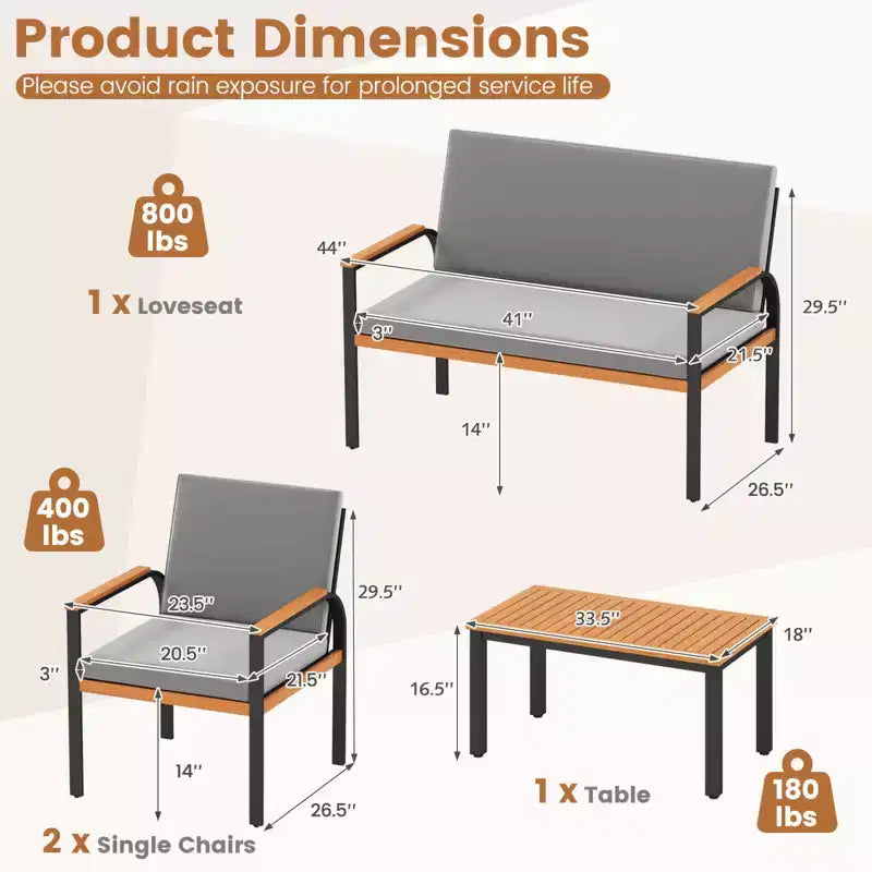Costway 4 Piece Patio Furniture Set with Coffee Table, Loveseat & 2 Single Chairs for Porch Gray/Black