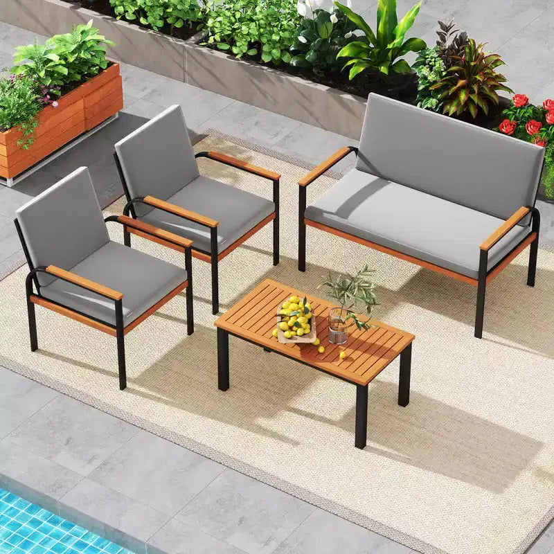 Costway 4 Piece Patio Furniture Set with Coffee Table, Loveseat & 2 Single Chairs for Porch Gray/Black