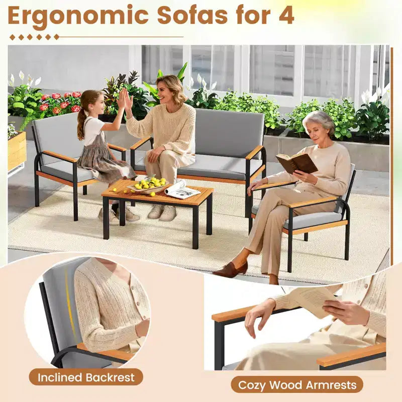 Costway 4 Piece Patio Furniture Set with Coffee Table, Loveseat & 2 Single Chairs for Porch Gray/Black