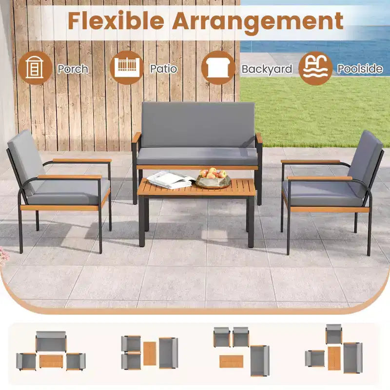 Costway 4 Piece Patio Furniture Set with Coffee Table, Loveseat & 2 Single Chairs for Porch Gray/Black