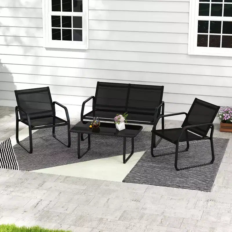 Costway 4 PCS Patio Conversation Set w/ Breathable Fabric Seat Tempered Glass Tabletop