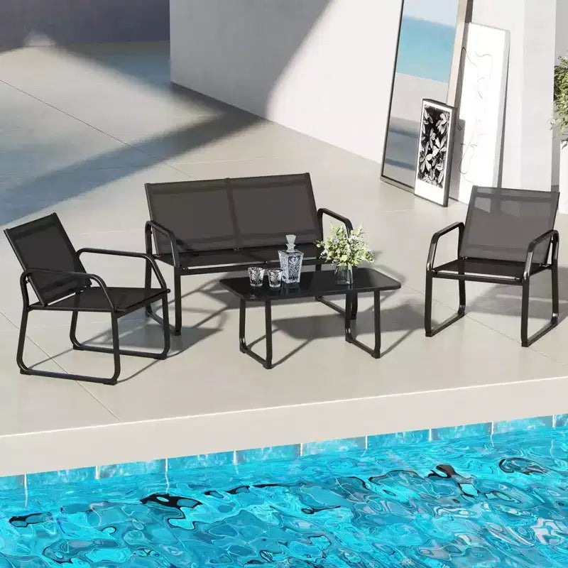 Costway 4 PCS Patio Conversation Set w/ Breathable Fabric Seat Tempered Glass Tabletop