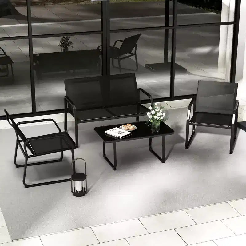 Costway 4 PCS Patio Conversation Set w/ Breathable Fabric Seat Tempered Glass Tabletop