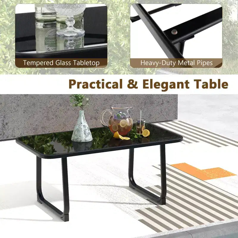 Costway 4 PCS Patio Conversation Set w/ Breathable Fabric Seat Tempered Glass Tabletop