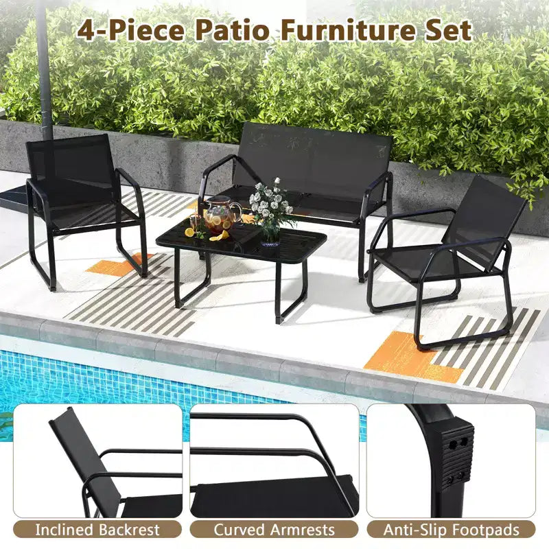 Costway 4 PCS Patio Conversation Set w/ Breathable Fabric Seat Tempered Glass Tabletop
