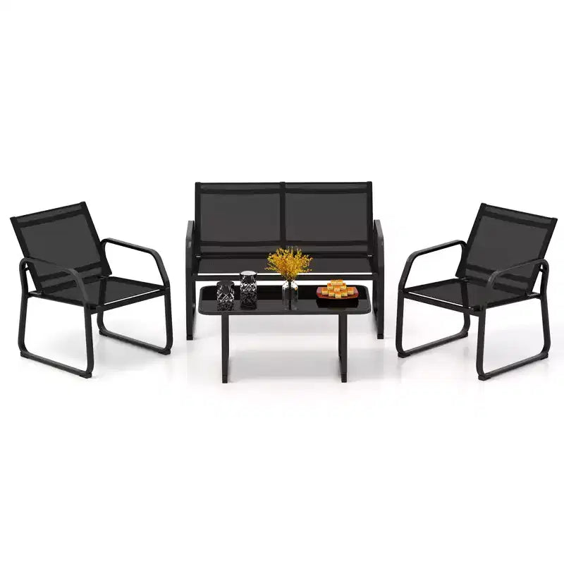 Costway 4 PCS Patio Conversation Set w/ Breathable Fabric Seat Tempered Glass Tabletop