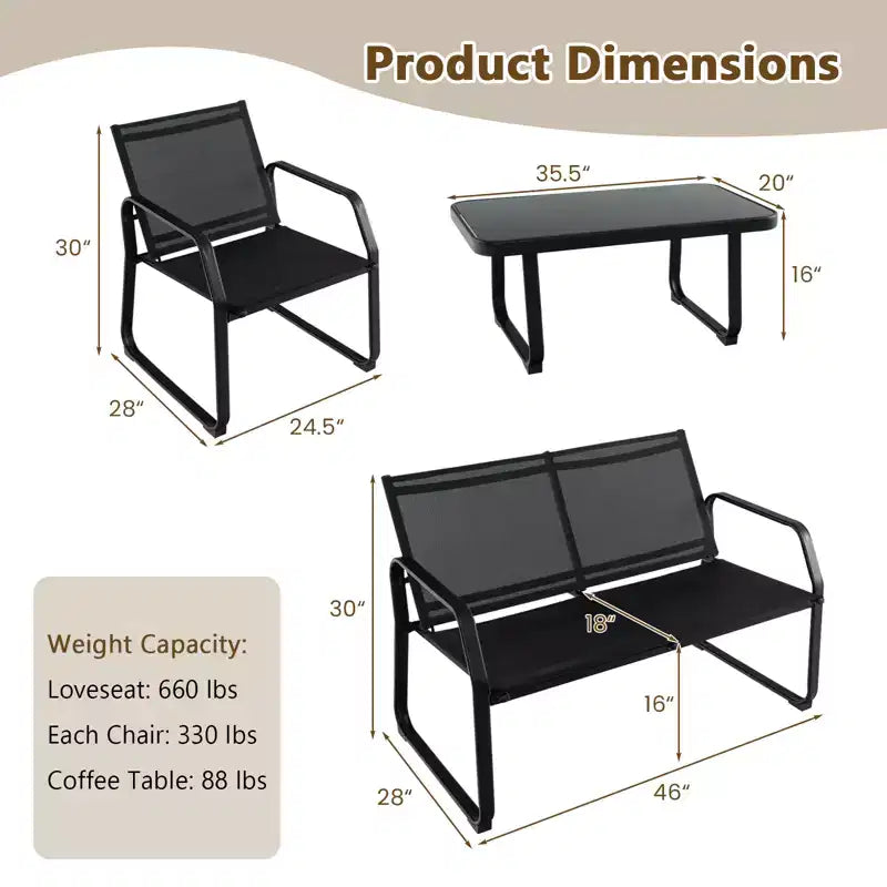 Costway 4 PCS Patio Conversation Set w/ Breathable Fabric Seat Tempered Glass Tabletop