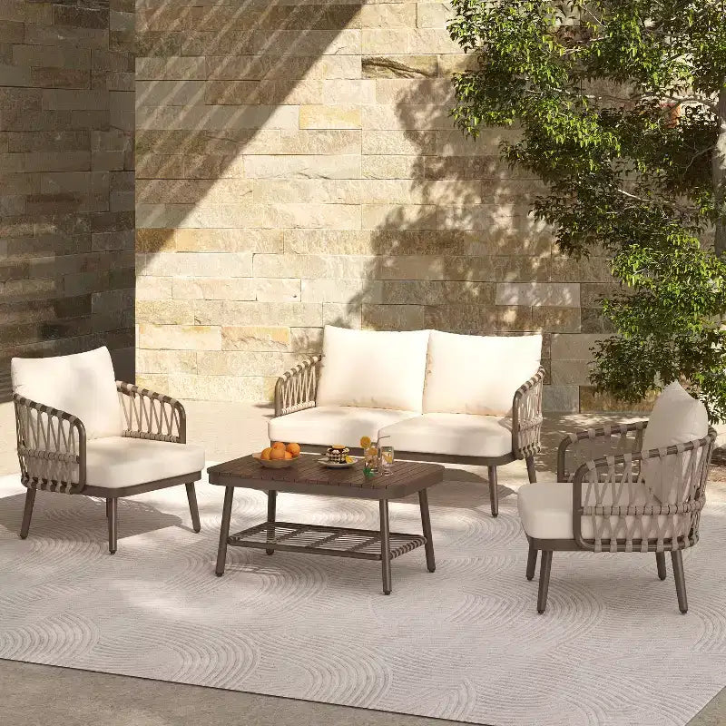 Christopher Knight Home Piotr 4 Piece Outdoor Acacia Wood and Metal Seating Set with Rope Woven