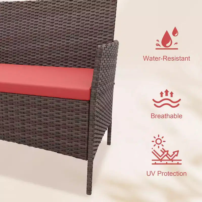 4 Piece Outdoor Patio Furniture Sets,Wicker Rattan Conversation Sets, Bistro Patio Set with 2 Chairs,Soft Cushion,Loveseat and 1 Glass Coffee Table