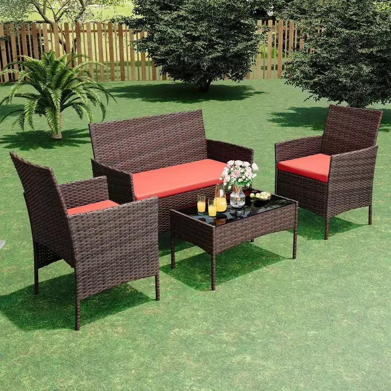 4 Piece Outdoor Patio Furniture Sets,Wicker Rattan Conversation Sets, Bistro Patio Set with 2 Chairs,Soft Cushion,Loveseat and 1 Glass Coffee Table