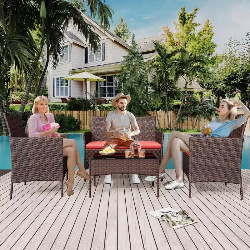 4 Piece Outdoor Patio Furniture Sets,Wicker Rattan Conversation Sets, Bistro Patio Set with 2 Chairs,Soft Cushion,Loveseat and 1 Glass Coffee Table