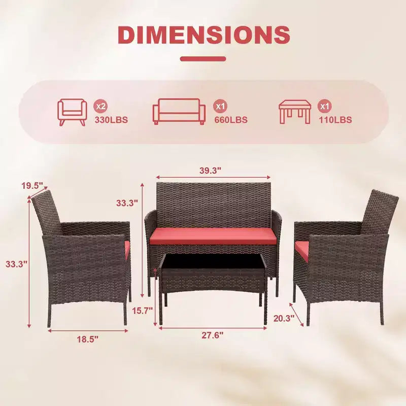 4 Piece Outdoor Patio Furniture Sets,Wicker Rattan Conversation Sets, Bistro Patio Set with 2 Chairs,Soft Cushion,Loveseat and 1 Glass Coffee Table