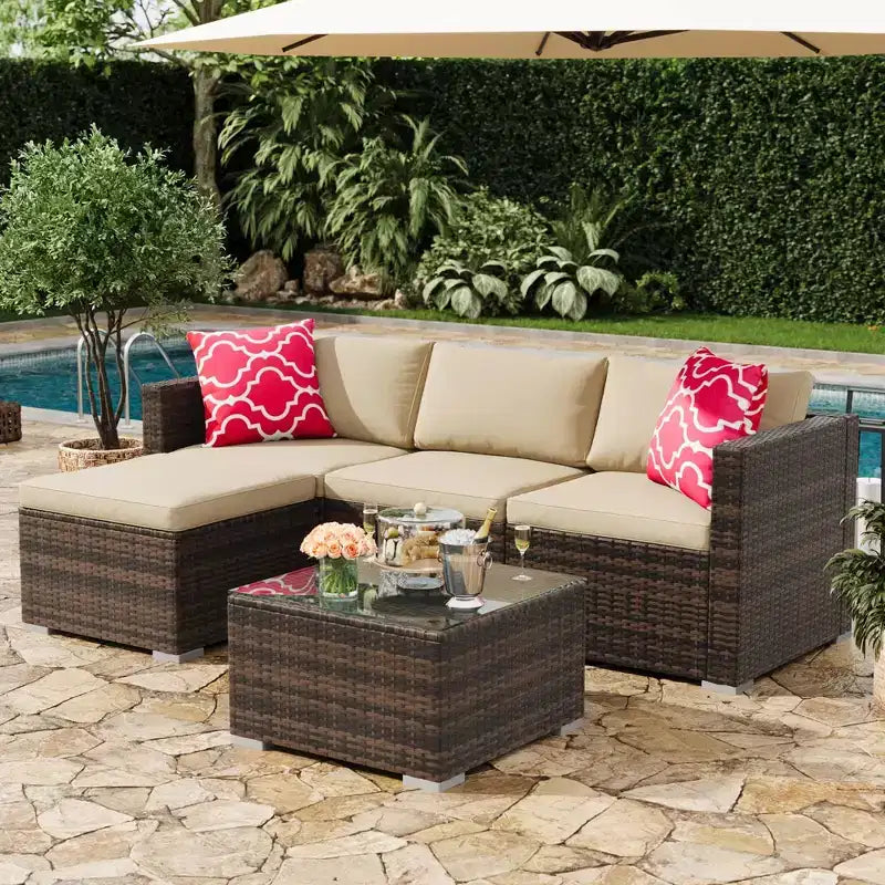 4 Piece Outdoor Patio Furniture Sets,Wicker Rattan Conversation Sets, Bistro Patio Set with 2 Chairs,Soft Cushion,Loveseat and 1 Glass Coffee Table