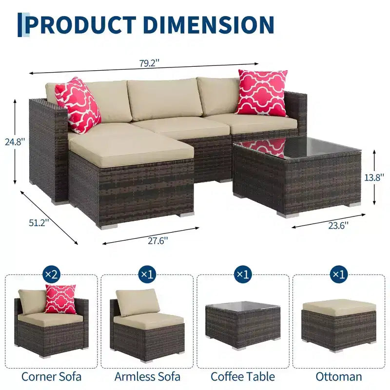 4 Piece Outdoor Patio Furniture Sets,Wicker Rattan Conversation Sets, Bistro Patio Set with 2 Chairs,Soft Cushion,Loveseat and 1 Glass Coffee Table