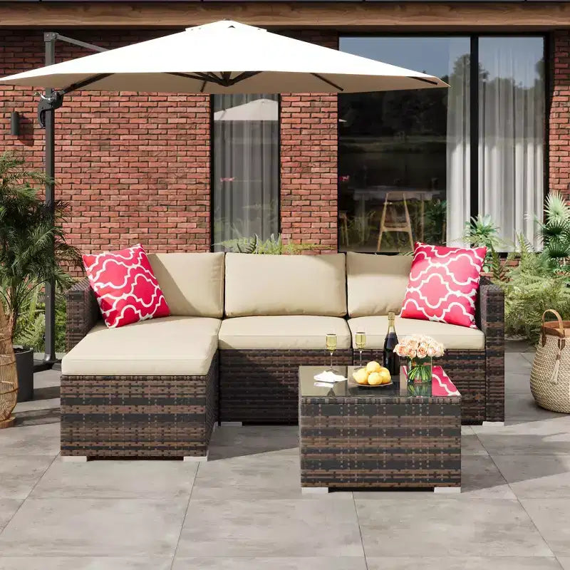 4 Piece Outdoor Patio Furniture Sets,Wicker Rattan Conversation Sets, Bistro Patio Set with 2 Chairs,Soft Cushion,Loveseat and 1 Glass Coffee Table