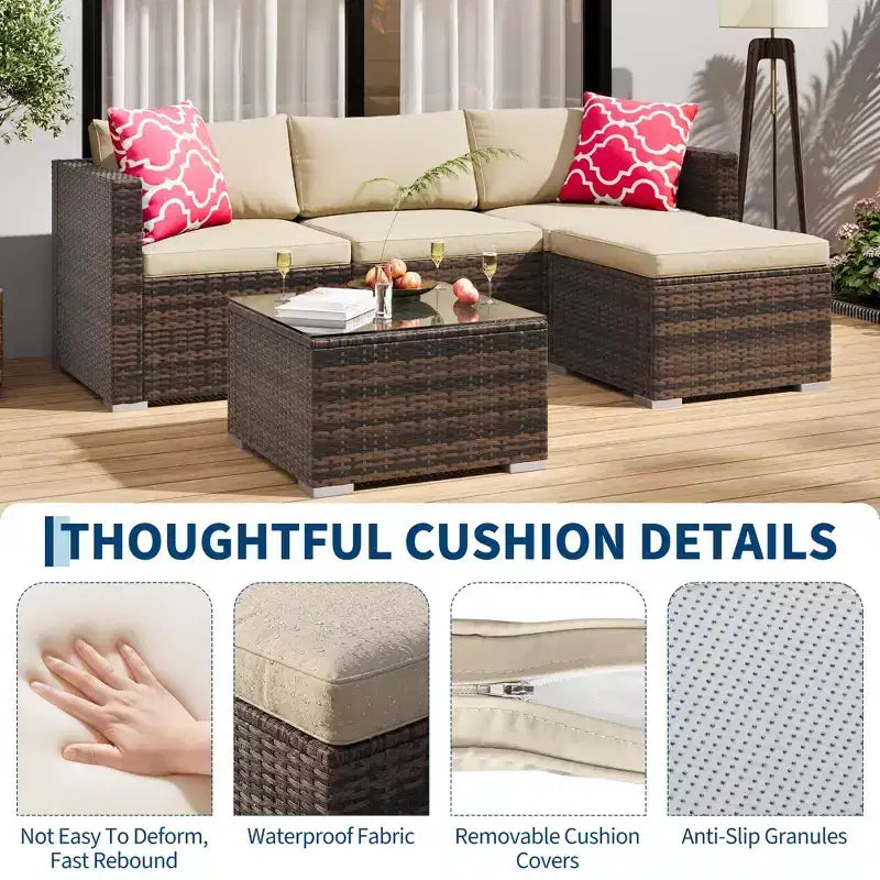 4 Piece Outdoor Patio Furniture Sets,Wicker Rattan Conversation Sets, Bistro Patio Set with 2 Chairs,Soft Cushion,Loveseat and 1 Glass Coffee Table