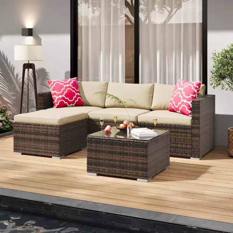 4 Piece Outdoor Patio Furniture Sets,Wicker Rattan Conversation Sets, Bistro Patio Set with 2 Chairs,Soft Cushion,Loveseat and 1 Glass Coffee Table