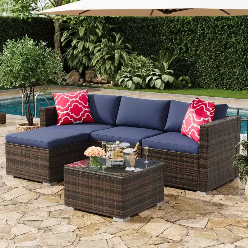 4 Piece Outdoor Patio Furniture Sets,Wicker Rattan Conversation Sets, Bistro Patio Set with 2 Chairs,Soft Cushion,Loveseat and 1 Glass Coffee Table