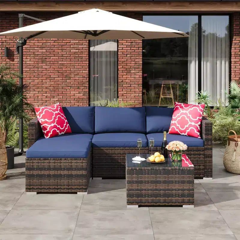 4 Piece Outdoor Patio Furniture Sets,Wicker Rattan Conversation Sets, Bistro Patio Set with 2 Chairs,Soft Cushion,Loveseat and 1 Glass Coffee Table