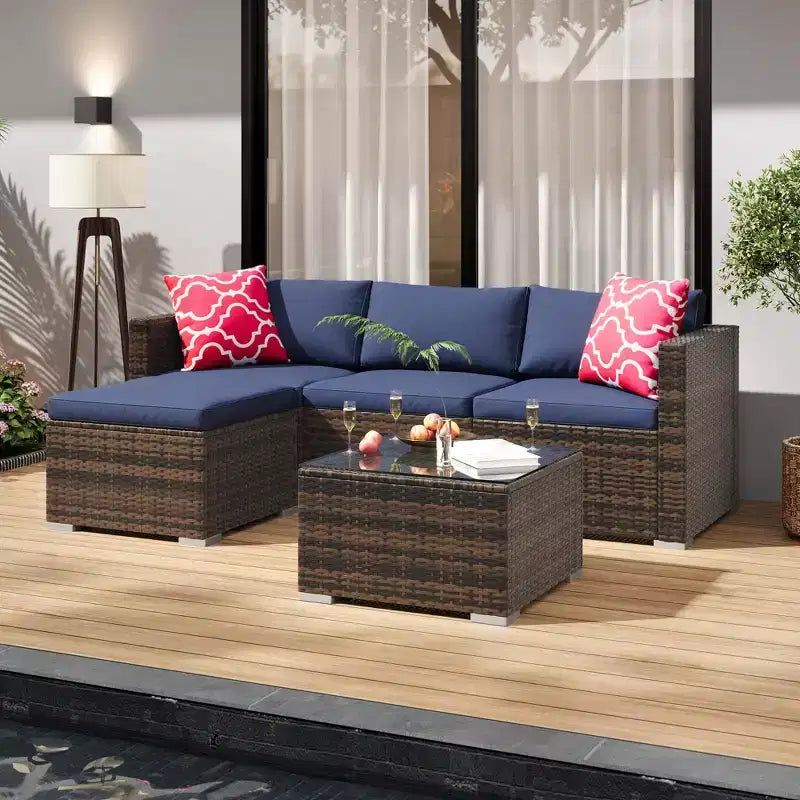4 Piece Outdoor Patio Furniture Sets,Wicker Rattan Conversation Sets, Bistro Patio Set with 2 Chairs,Soft Cushion,Loveseat and 1 Glass Coffee Table